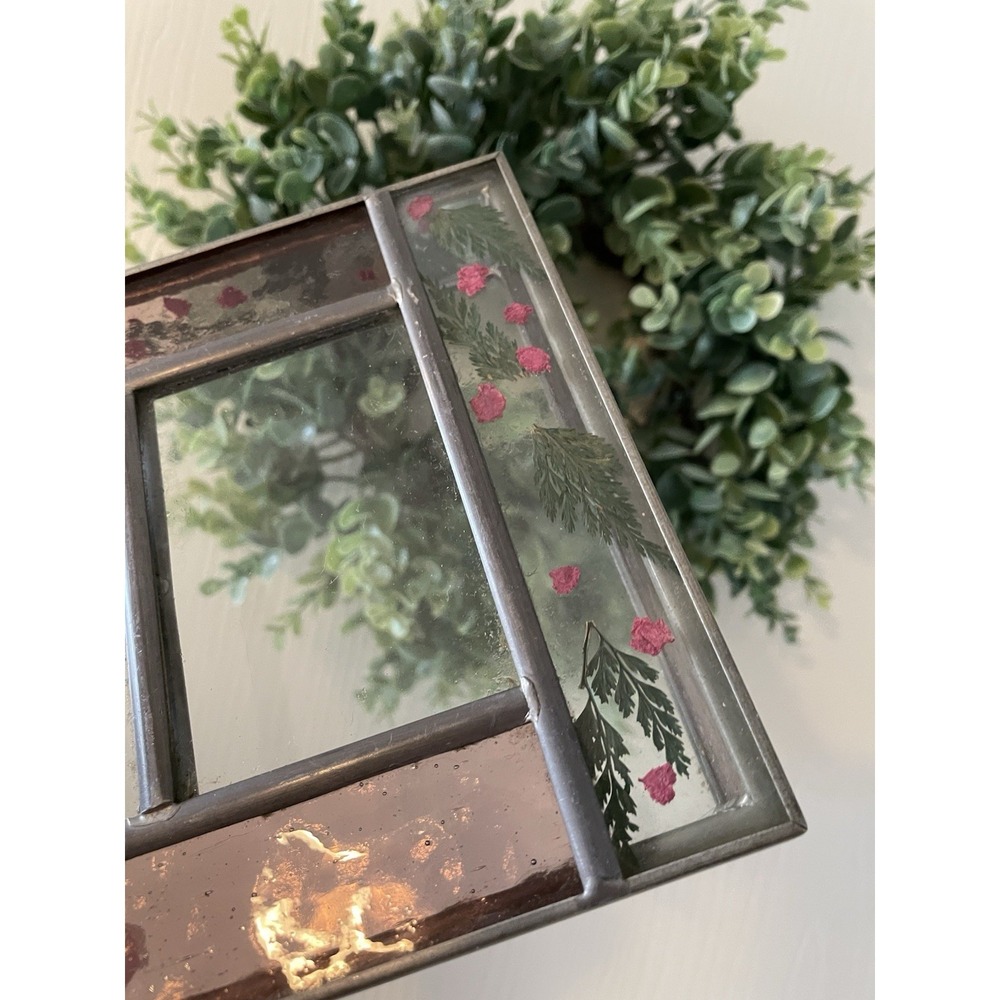 VTG Hinged Lid Glass Trinket Box Dried Flowers Double Picture Frame Cottagecore - Picture 2 of 5